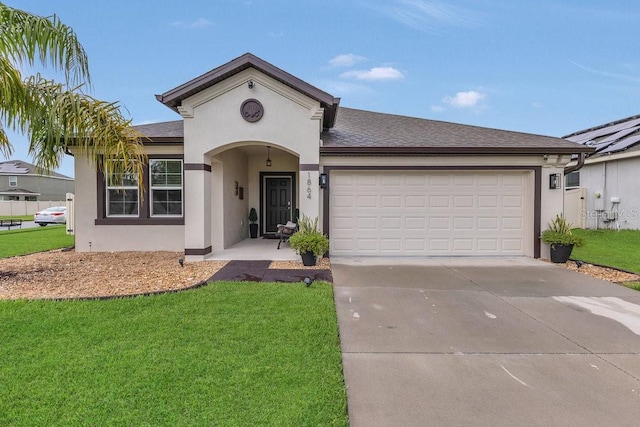 1864 Castleton Dr, Saint Cloud, FL 34771 - ranch-style home with stucco siding, concrete driveway, a front lawn, an attached garage, and roof with shingles