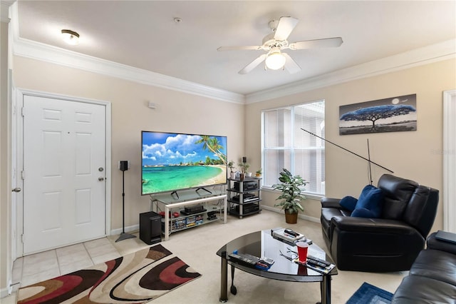 8836 Villa View Cir Unit 303, Orlando, FL 32821 - living room with crown molding, ceiling fan, and light colored carpet