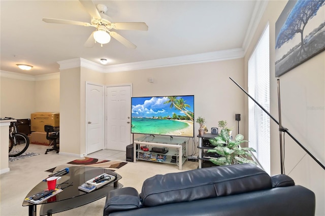 8836 Villa View Cir Unit 303, Orlando, FL 32821 - carpeted living area with crown molding and ceiling fan