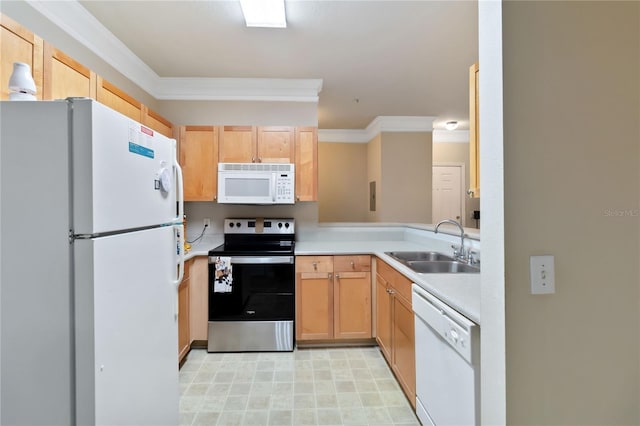 8836 Villa View Cir Unit 303, Orlando, FL 32821 - kitchen with white appliances, crown molding, light countertops, and light brown cabinetry