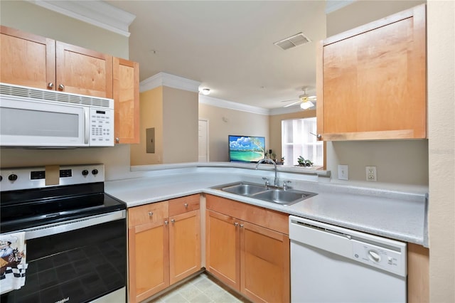 8836 Villa View Cir Unit 303, Orlando, FL 32821 - kitchen featuring white appliances, crown molding, light countertops, and a ceiling fan