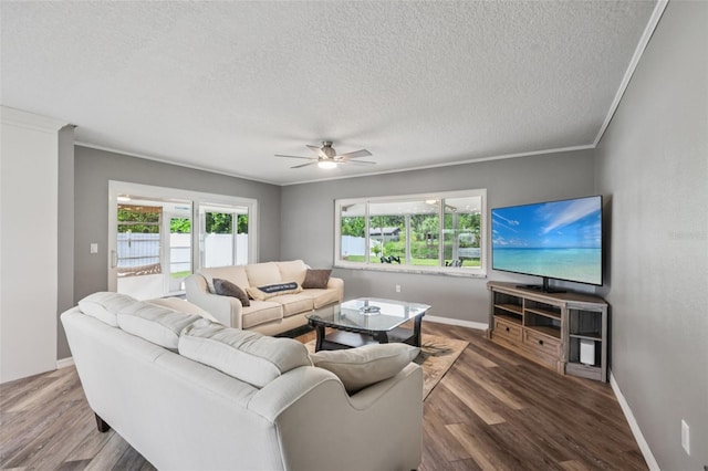 27805 Lois Dr, Tavares, FL 32778 - living room with a textured ceiling, a ceiling fan, wood finished floors, and ornamental molding