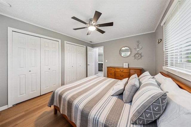 27805 Lois Dr, Tavares, FL 32778 - bedroom featuring two closets, wood finished floors, ornamental molding, and a ceiling fan