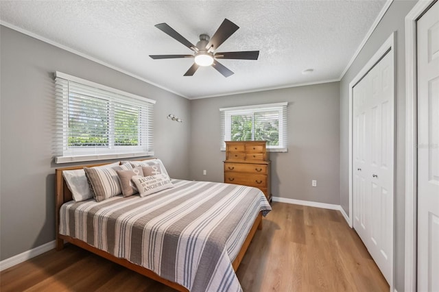 27805 Lois Dr, Tavares, FL 32778 - bedroom with light wood-style floors, multiple windows, a textured ceiling, ornamental molding, and a ceiling fan