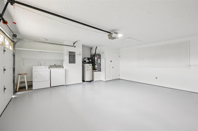 27805 Lois Dr, Tavares, FL 32778 - garage featuring washing machine and dryer, a garage door opener, water heater, electric panel, and heating unit