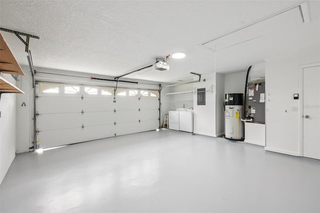 27805 Lois Dr, Tavares, FL 32778 - garage featuring heat pump water heater, a garage door opener, washing machine and clothes dryer, and heating unit