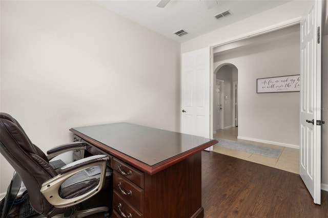 2823 Sail Breeze Way, Kissimmee, FL 34744 - office area featuring arched walkways, ceiling fan, and wood finished floors