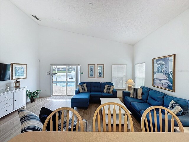 344 Bloomingdale Dr, Davenport, FL 33897 - living room with wood finished floors, a textured ceiling, and high vaulted ceiling