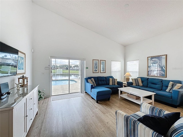 344 Bloomingdale Dr, Davenport, FL 33897 - living area with a textured ceiling, high vaulted ceiling, and light wood-style flooring