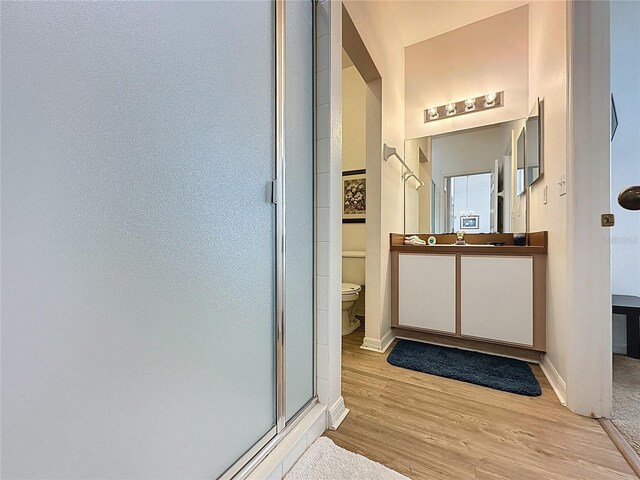 344 Bloomingdale Dr, Davenport, FL 33897 - bathroom featuring vanity, wood finished floors, and an enclosed shower
