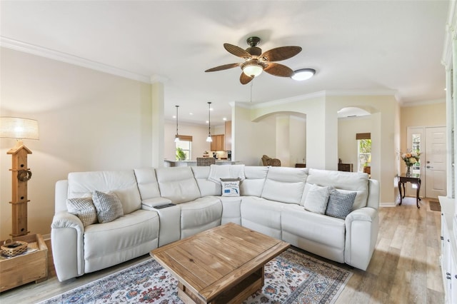 217 Sorrento Rd, Poinciana, FL 34759 - living room featuring ceiling fan, light wood-type flooring, and crown molding