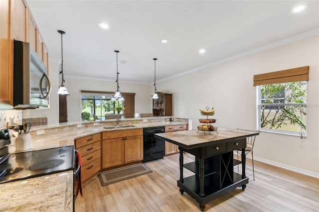 217 Sorrento Rd, Poinciana, FL 34759 - kitchen featuring black dishwasher, stainless steel microwave, electric range oven, light wood-style flooring, and ornamental molding