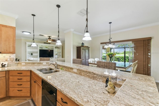 217 Sorrento Rd, Poinciana, FL 34759 - kitchen with black dishwasher, ornamental molding, a ceiling fan, light stone counters, and open floor plan