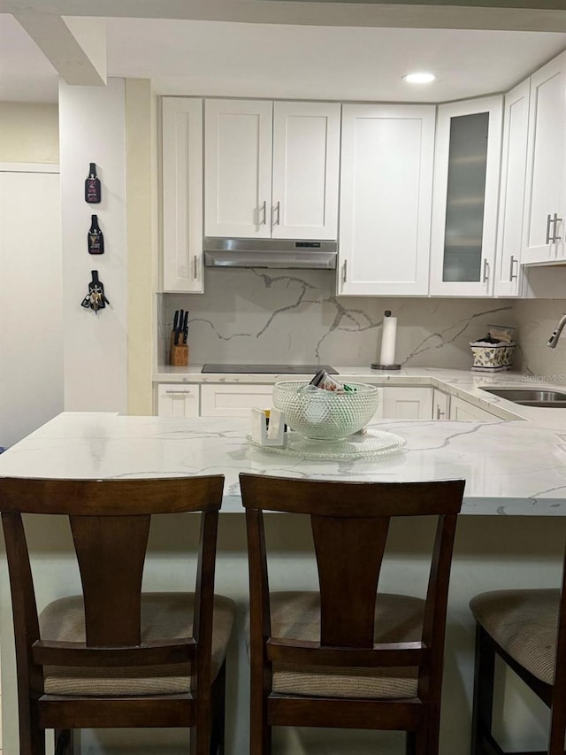 6831 SW 147th Ave Unit 3H, Miami, FL 33193 - kitchen with under cabinet range hood, a kitchen breakfast bar, light stone countertops, white cabinets, and glass insert cabinets