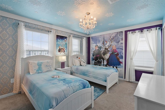 2131 Lelani Cir, Davenport, FL 33897 - bedroom with wallpapered walls, carpet floors, a chandelier, and a textured ceiling