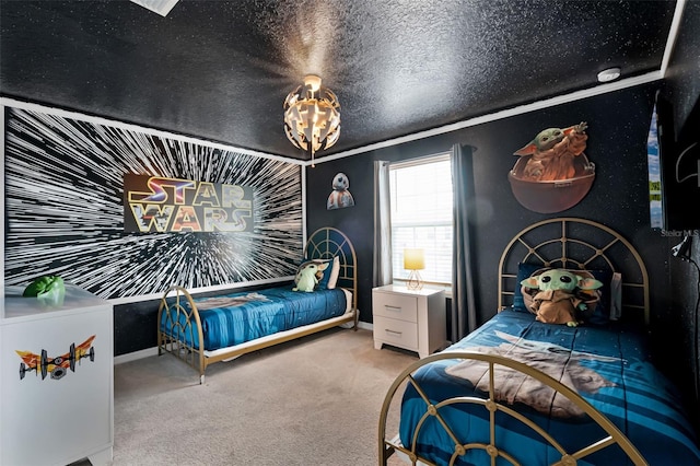 2131 Lelani Cir, Davenport, FL 33897 - carpeted bedroom featuring crown molding, a chandelier, and a textured ceiling