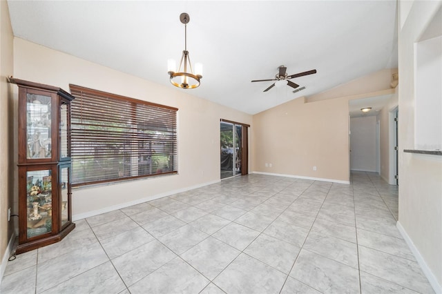 11649 Crescent Pines Blvd, Clermont, FL 34711 - unfurnished room featuring vaulted ceiling, ceiling fan, a chandelier, and light tile patterned flooring
