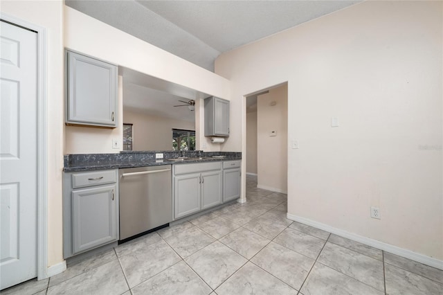 11649 Crescent Pines Blvd, Clermont, FL 34711 - kitchen featuring dishwasher, gray cabinets, ceiling fan, and dark stone countertops