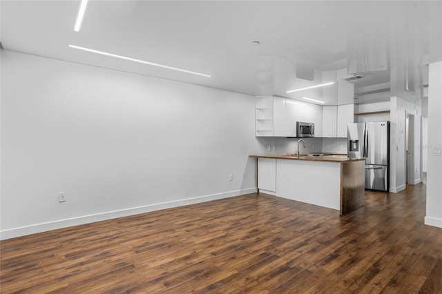 1645 Windsor Oak Ct, Kissimmee, FL 34744 - kitchen featuring appliances with stainless steel finishes, open shelves, a peninsula, and dark wood-style flooring