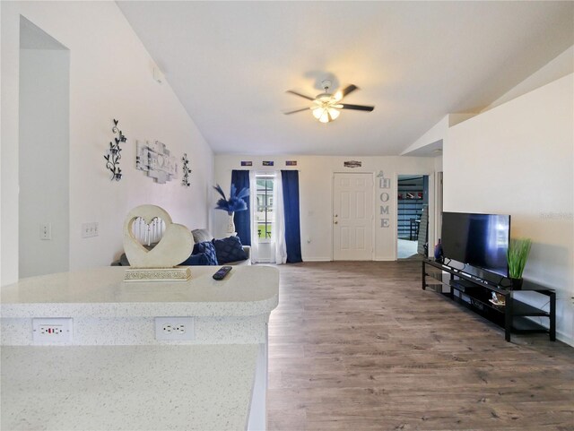 314 Clermont Dr, Kissimmee, FL 34759 - living room with a ceiling fan, wood finished floors, and lofted ceiling