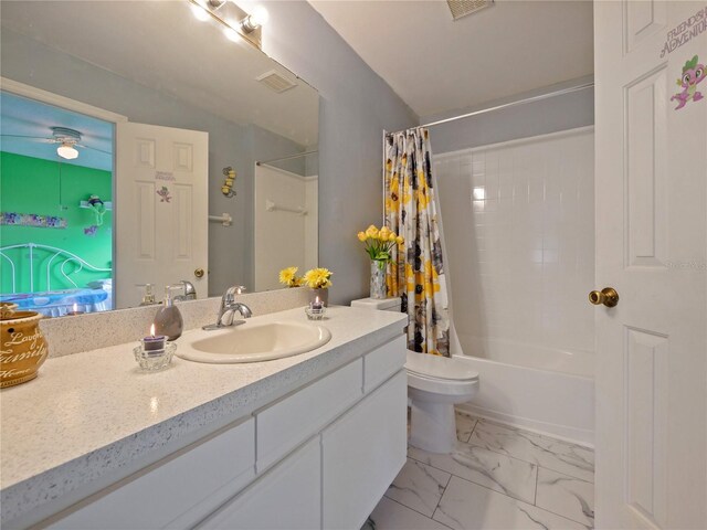 314 Clermont Dr, Kissimmee, FL 34759 - bathroom with vanity, shower / bath combination with curtain, and marble look tile flooring