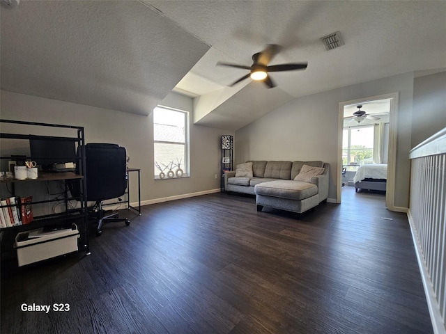 407 Darlington Loop, Davenport, FL 33896 - home office with ceiling fan, dark wood-style flooring, lofted ceiling, and a textured ceiling
