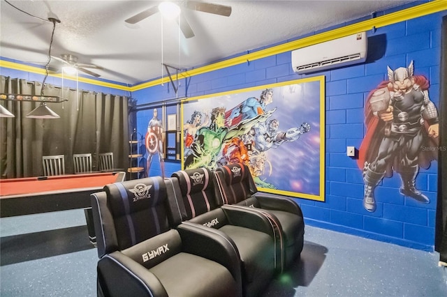 163 Tigerlily Ct, Davenport, FL 33837 - home theater room with an AC wall unit, ceiling fan, concrete block wall, and a garage