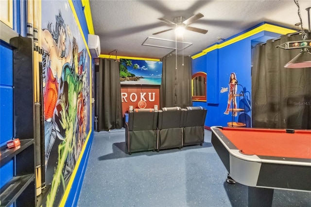 163 Tigerlily Ct, Davenport, FL 33837 - game room featuring attic access, ceiling fan, a wall mounted air conditioner, a textured ceiling, and billiards