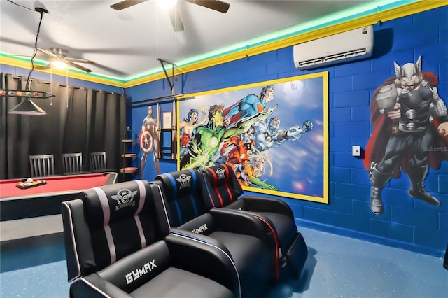 163 Tigerlily Ct, Davenport, FL 33837 - cinema room featuring ceiling fan, an AC wall unit, and concrete block wall