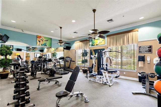 163 Tigerlily Ct, Davenport, FL 33837 - workout area featuring crown molding, a ceiling fan, healthy amount of natural light, and recessed lighting