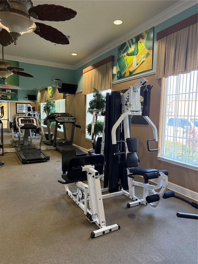 163 Tigerlily Ct, Davenport, FL 33837 - exercise room with crown molding, carpet flooring, and ceiling fan