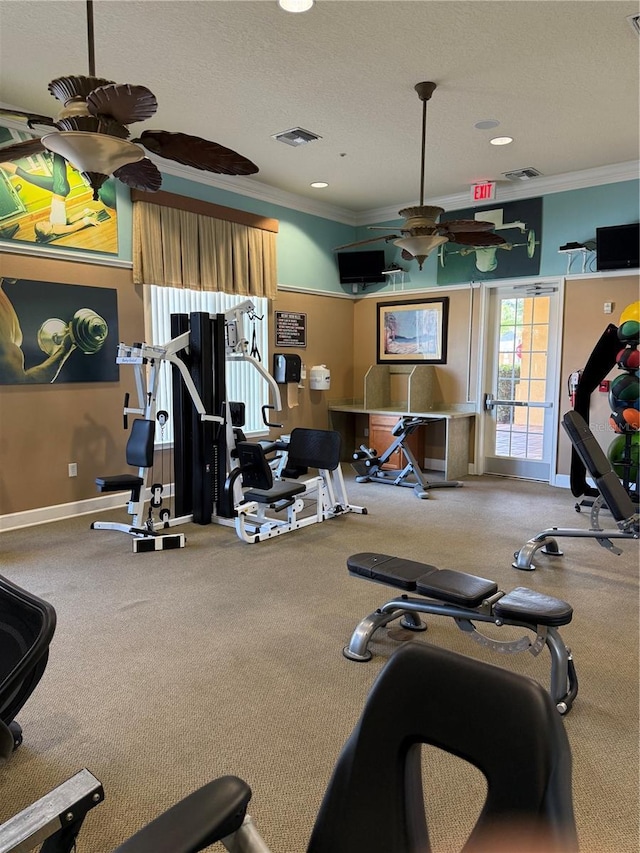 163 Tigerlily Ct, Davenport, FL 33837 - workout area with a ceiling fan, crown molding, and carpet floors
