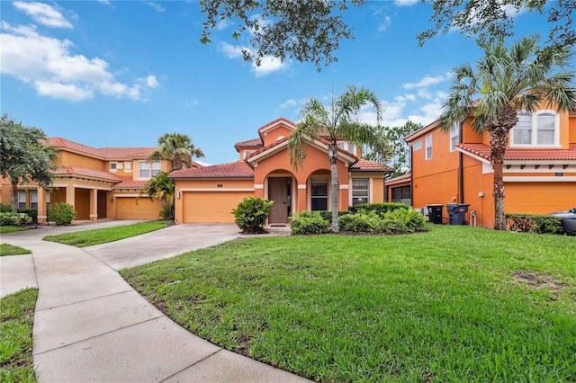 163 Tigerlily Ct, Davenport, FL 33837 - mediterranean / spanish-style home with stucco siding, a front lawn, concrete driveway, a tile roof, and an attached garage