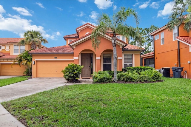 163 Tigerlily Ct, Davenport, FL 33837 - mediterranean / spanish home with a tile roof, an attached garage, stucco siding, and a front lawn