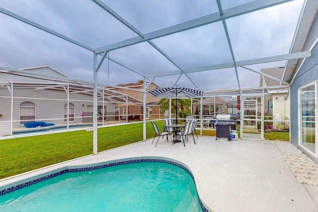 120 Bloomingdale Dr, Davenport, FL 33897 - swimming pool featuring a patio, glass enclosure, a lawn, and a grill