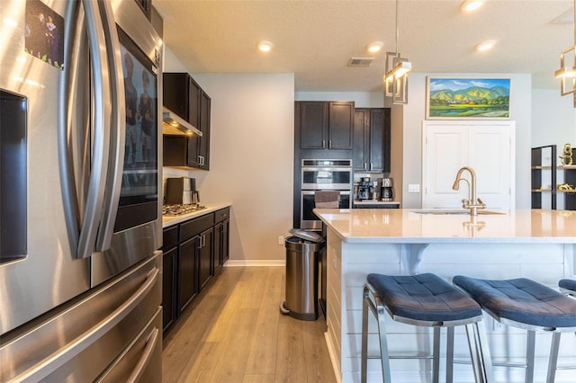 9878 Aurea Moss Ln, Orlando, FL 32832 - kitchen with appliances with stainless steel finishes, light wood-type flooring, hanging light fixtures, a kitchen breakfast bar, and dark brown cabinetry