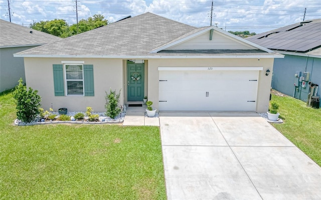 320 Boardwalk Ave, Haines City, FL 33844 - ranch-style house with a shingled roof, a front lawn, an attached garage, concrete driveway, and stucco siding