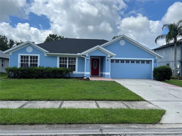 2211 Julianna Ct, Saint Cloud, FL 34769 - ranch-style house featuring a garage, a front yard, concrete driveway, stucco siding, and a shingled roof