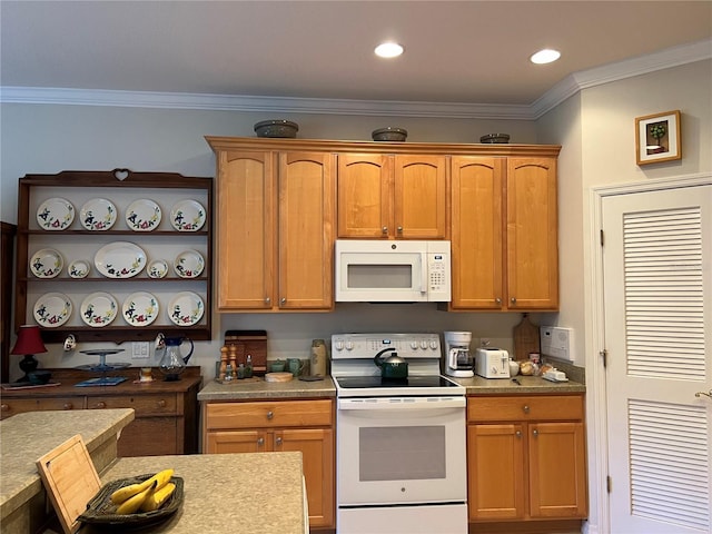 99 Auburn Dr, Kissimmee, FL 34759 - kitchen with white appliances, open shelves, light countertops, ornamental molding, and recessed lighting