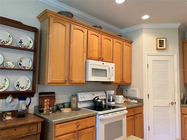 99 Auburn Dr, Kissimmee, FL 34759 - kitchen featuring white appliances, ornamental molding, open shelves, brown cabinets, and dark countertops