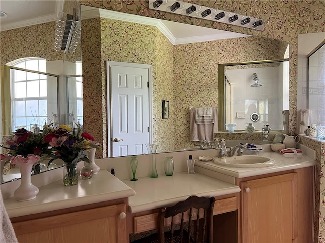 99 Auburn Dr, Kissimmee, FL 34759 - full bathroom featuring crown molding, wallpapered walls, vanity, and a shower with door