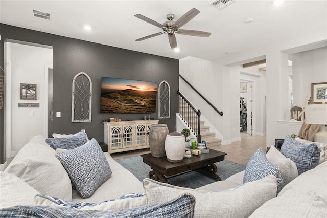 14728 Scott Key Dr, Winter Garden, FL 34787 - living area with stairway, ceiling fan, recessed lighting, and wood finished floors