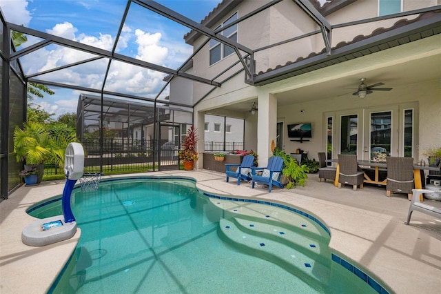 14728 Scott Key Dr, Winter Garden, FL 34787 - swimming pool featuring a patio area, ceiling fan, french doors, and a lanai