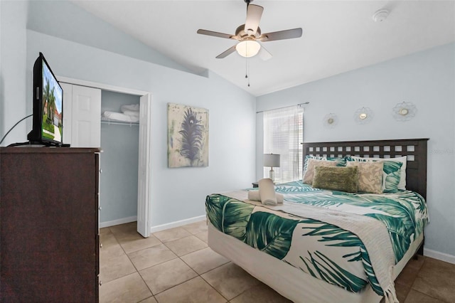 242 Saragossa Ave, Davenport, FL 33897 - bedroom featuring lofted ceiling, a closet, tile patterned flooring, and ceiling fan