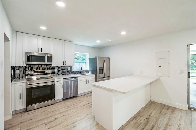 4212 Harry Dr, Fruitland Park, FL 34731 - kitchen with stainless steel appliances, electric panel, a peninsula, white cabinets, and light countertops