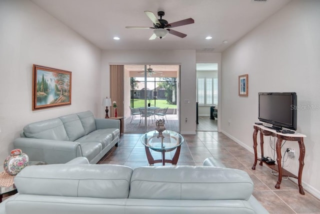 3432 Fallbrook Dr, Poinciana, FL 34759 - living room with light tile patterned floors, ceiling fan, and recessed lighting