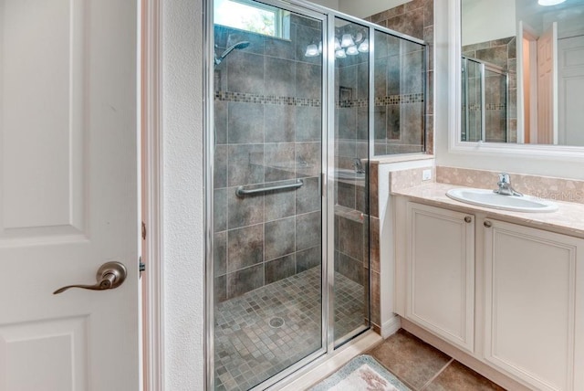 3432 Fallbrook Dr, Poinciana, FL 34759 - bathroom with a stall shower, vanity, and tile patterned flooring