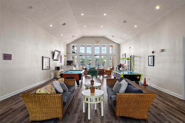 2602 Lodi Cir Unit 107, Kissimmee, FL 34746 - recreation room featuring billiards, high vaulted ceiling, wood finished floors, recessed lighting, and a textured wall