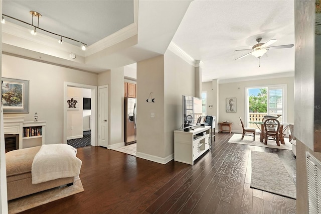 501 Mirasol Cir Unit 213, Celebration, FL 34747 - living area with ornamental molding, ceiling fan, wood-type flooring, a glass covered fireplace, and track lighting