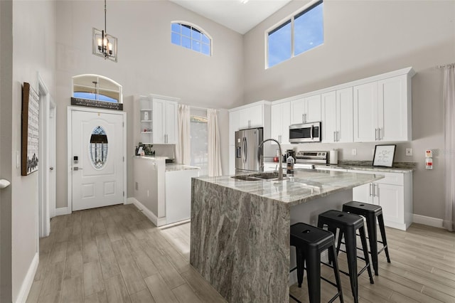 2313 Duncan Trl, Clermont, FL 34714 - kitchen featuring stainless steel appliances, open shelves, light wood finished floors, white cabinetry, and a high ceiling